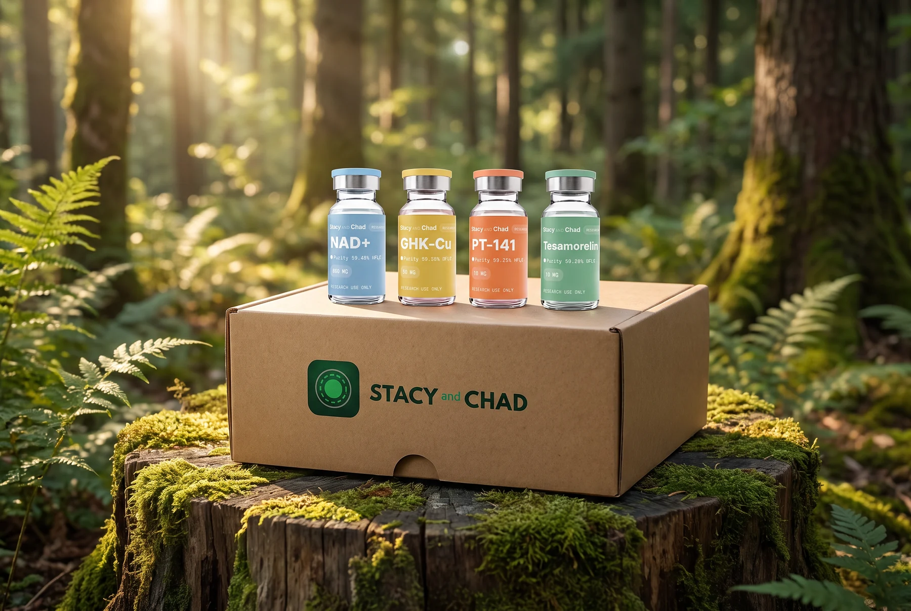 Stacy and Chad research vials on a branded box in a forest setting